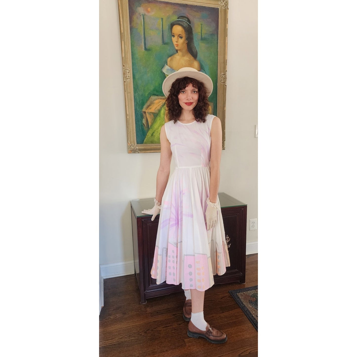 Vintage 90s Cotton Print Sun Dress Sleeveless White Pink Cityscape Print Circle Skirt / S