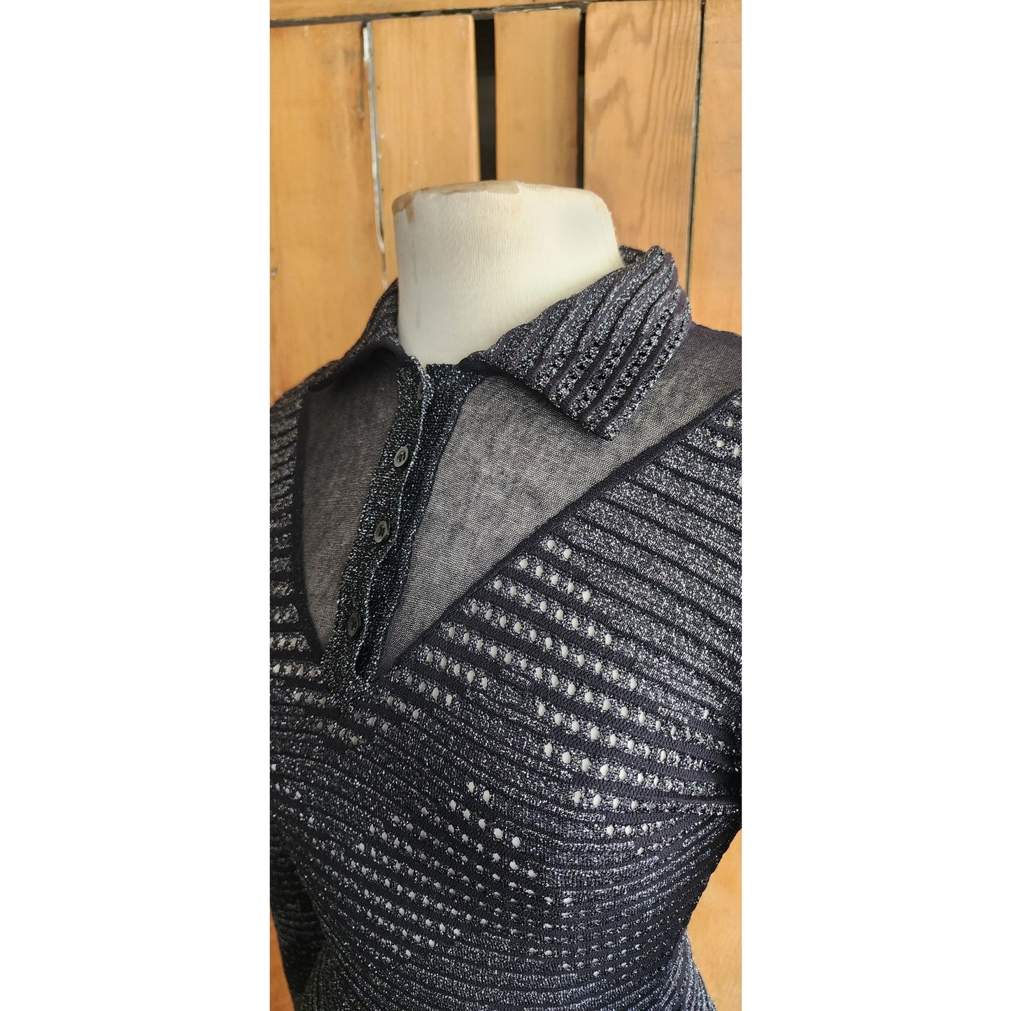 Vintage MISSONI Knit Dress Metallic Black Midi Length Stretchy / S-M
