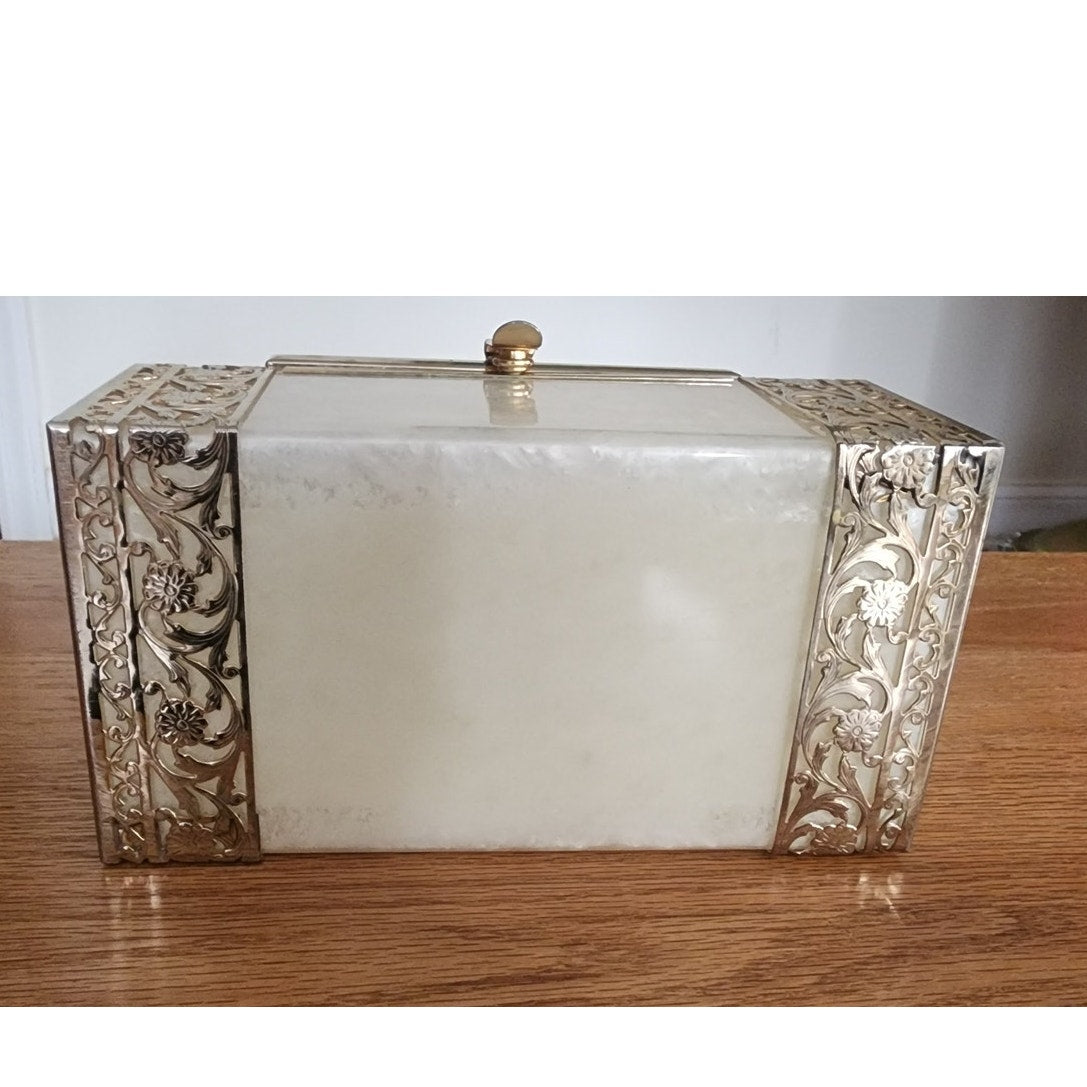 Vintage 1950s TYROLEAN NY Lucite Box Bag Pearl White Silver Filigree Art Deco