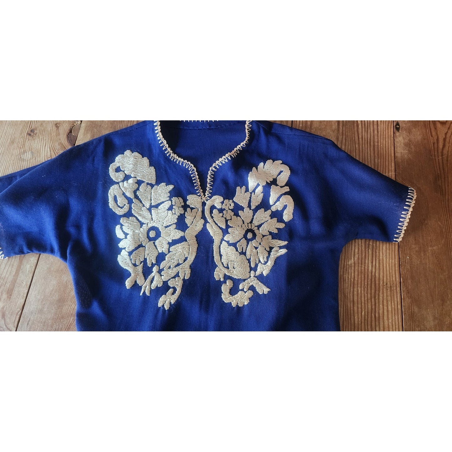 Vintage 70s 80s Royal Blue Gold Embroidered Tunic Top Sequin Caftan Blouse