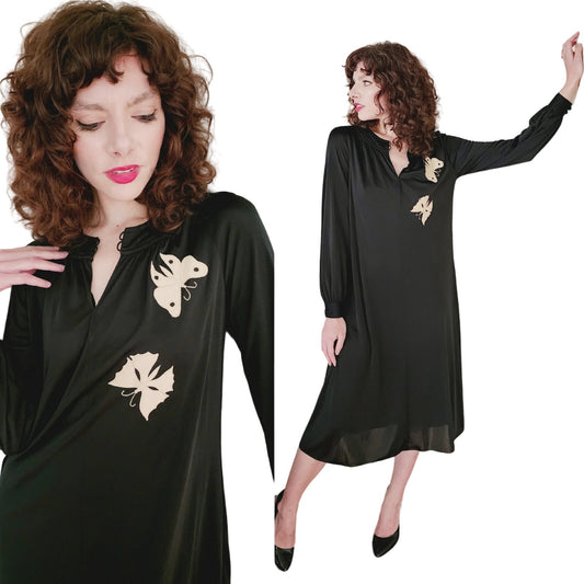 Vintage 70s Black Dress Butterfly Embroidery Ciao Ltd