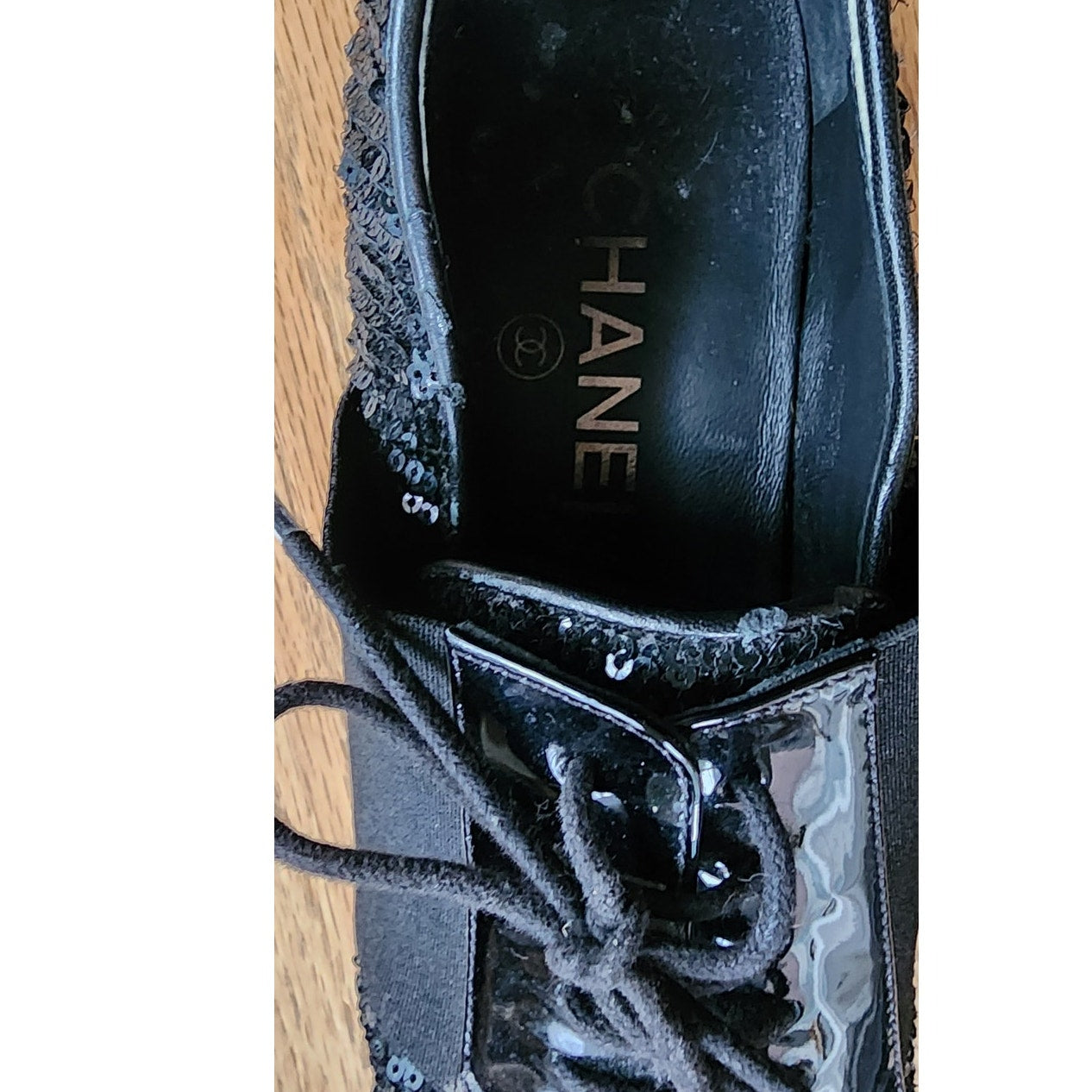 CHANEL Lace Up Shoes Loafers Black Patent Leather & Sequins 38 1/2