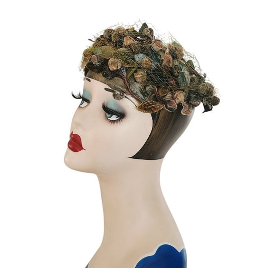 Vintage 1950s Green Hat Floral Fruit Crown Circlet Fascinator w/Veil by Chapette