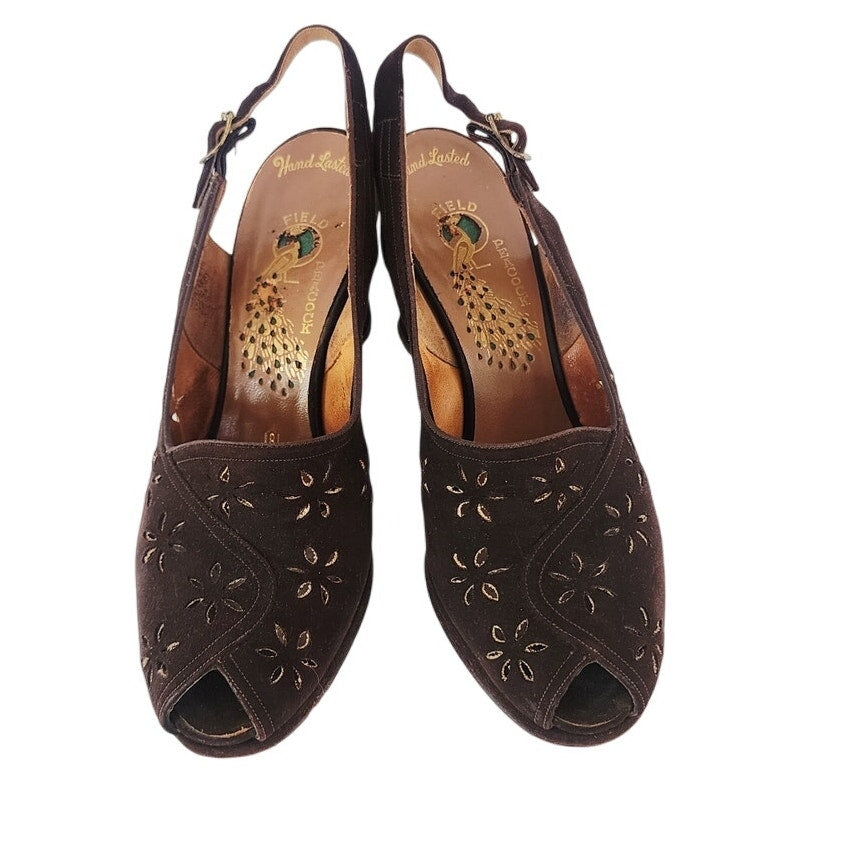 Vintage 1940s Brown Suede Shoes by Peacock Slingbacks Heels Cut Out Peep Toe 6.5