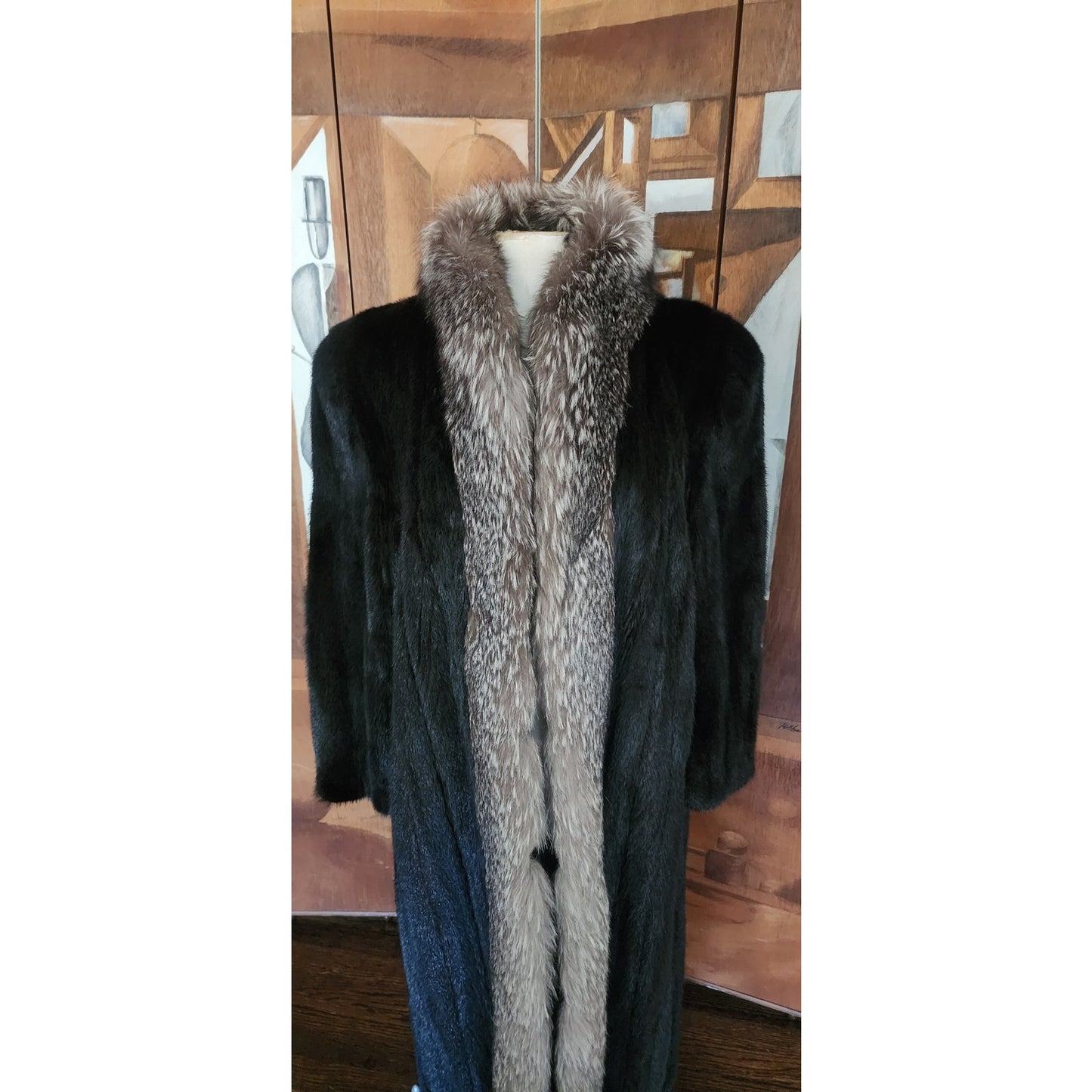 Vintage 80s Ranch Mink Black Fur Coat Long Silver Fox Tuxedo Collar Maxi