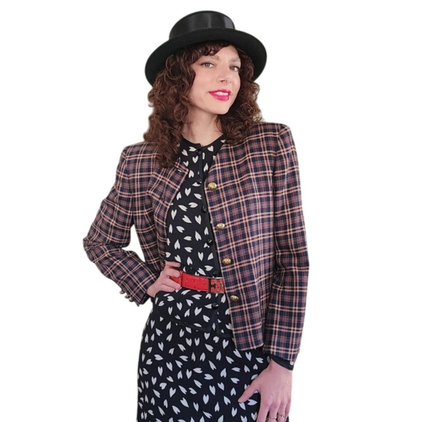 Vintage 80s Jaeger Blazer Navy Blue Brown Plaid Wool Blend