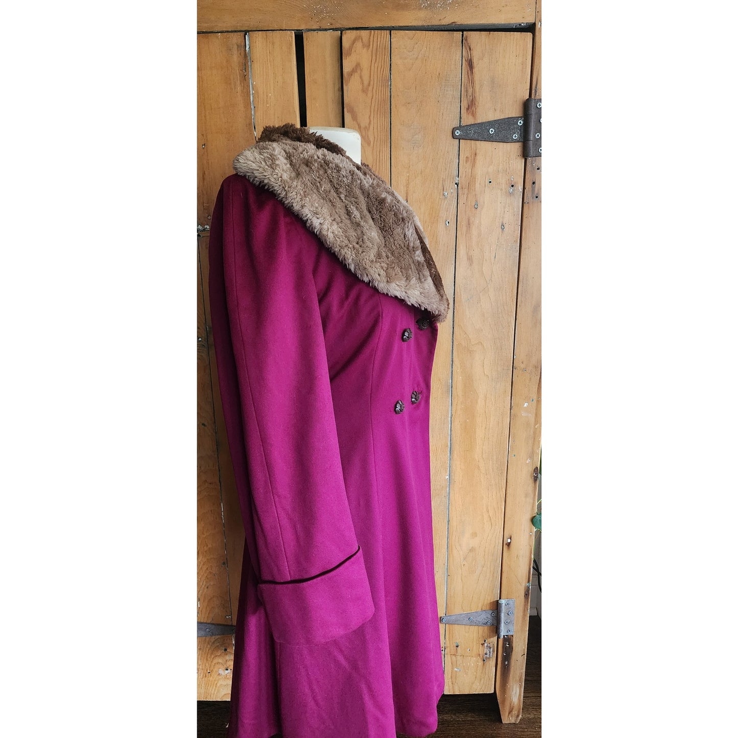 Vintage 1940s Purple Wool Princess Coat Sheared Beaver Fur Collar Double Breasted