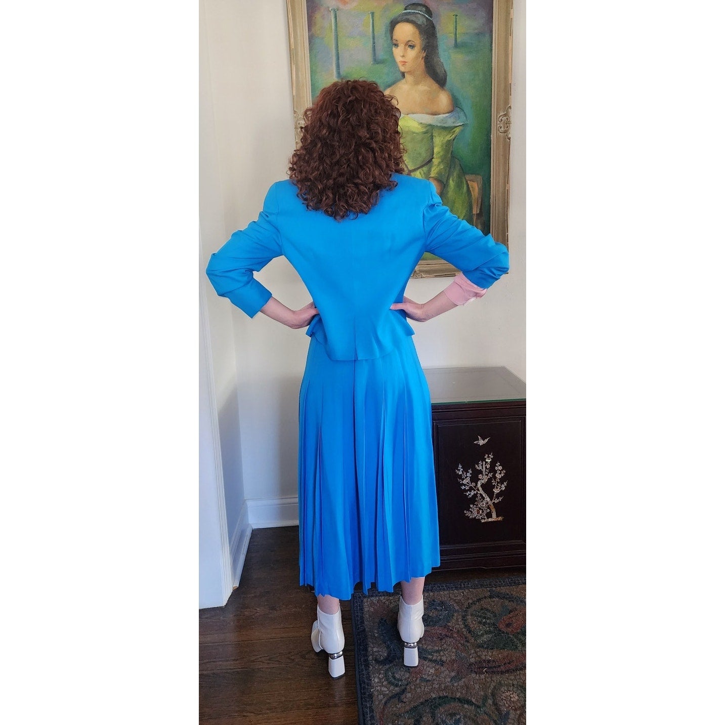 Vintage 80s Christian Dior Skirt Suit Turquoise Blue Wool Pleated Skirt / M
