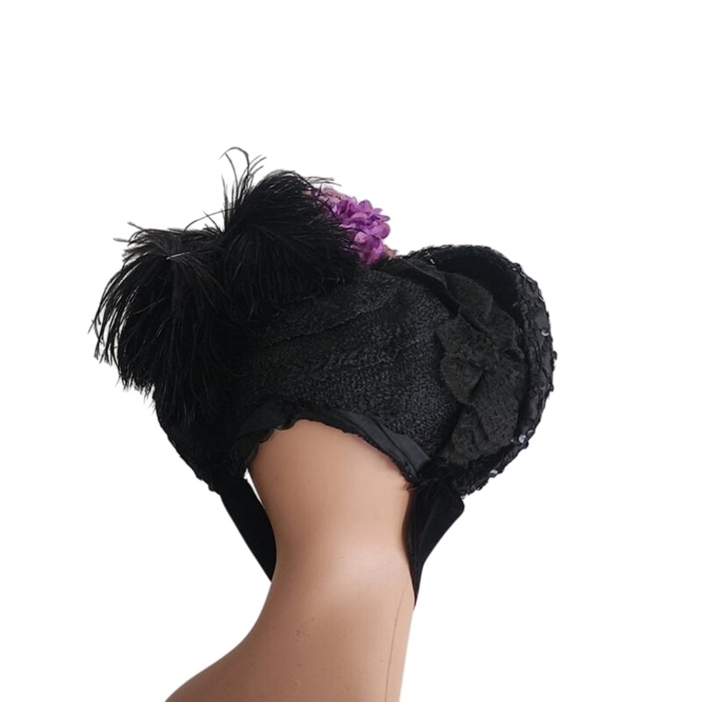 Antique Victorian Hat Black Bonnet Feathers Sequins Lace & Purple Flowers