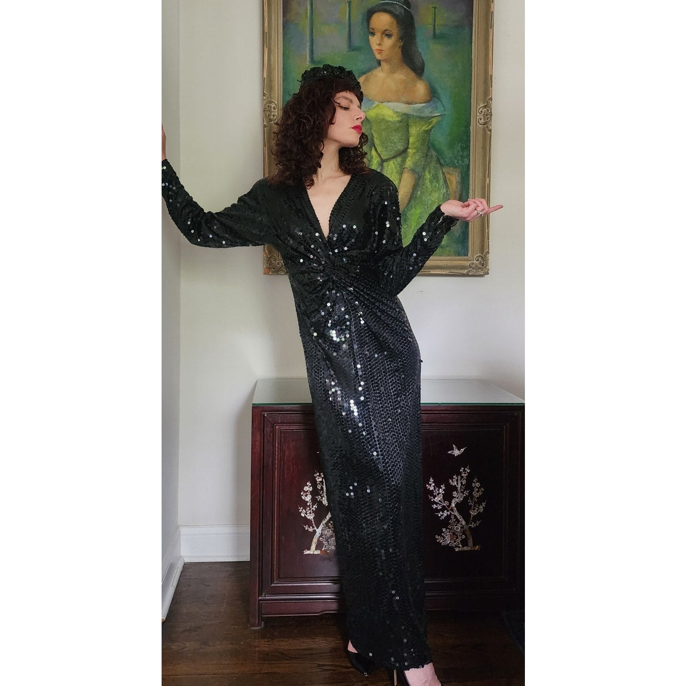 Vintage 80s Black Sequined Evening Dress Oleg Cassini / M