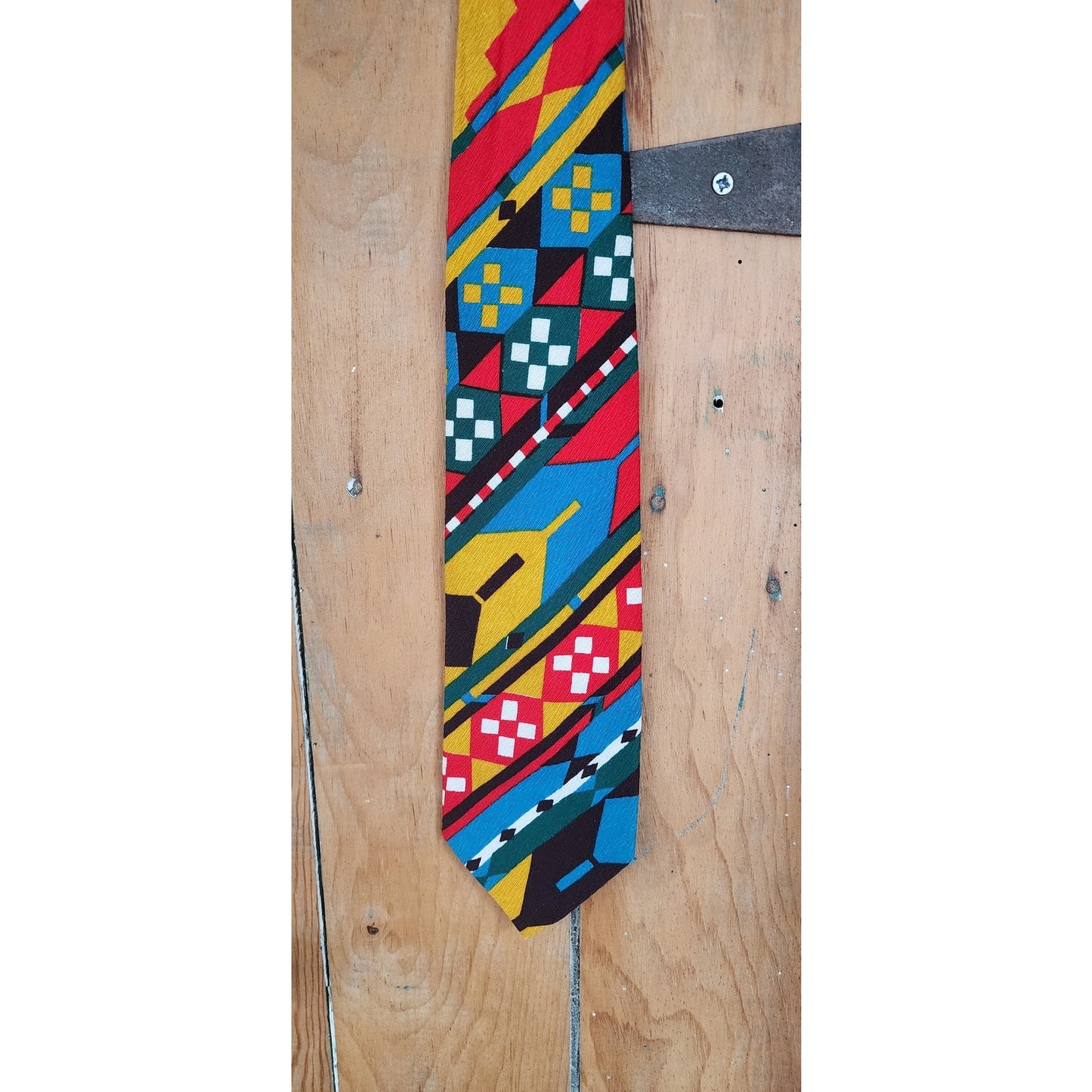 Vintage 60s Mens Tie Colorful Barkcloth MCM Print Geometric