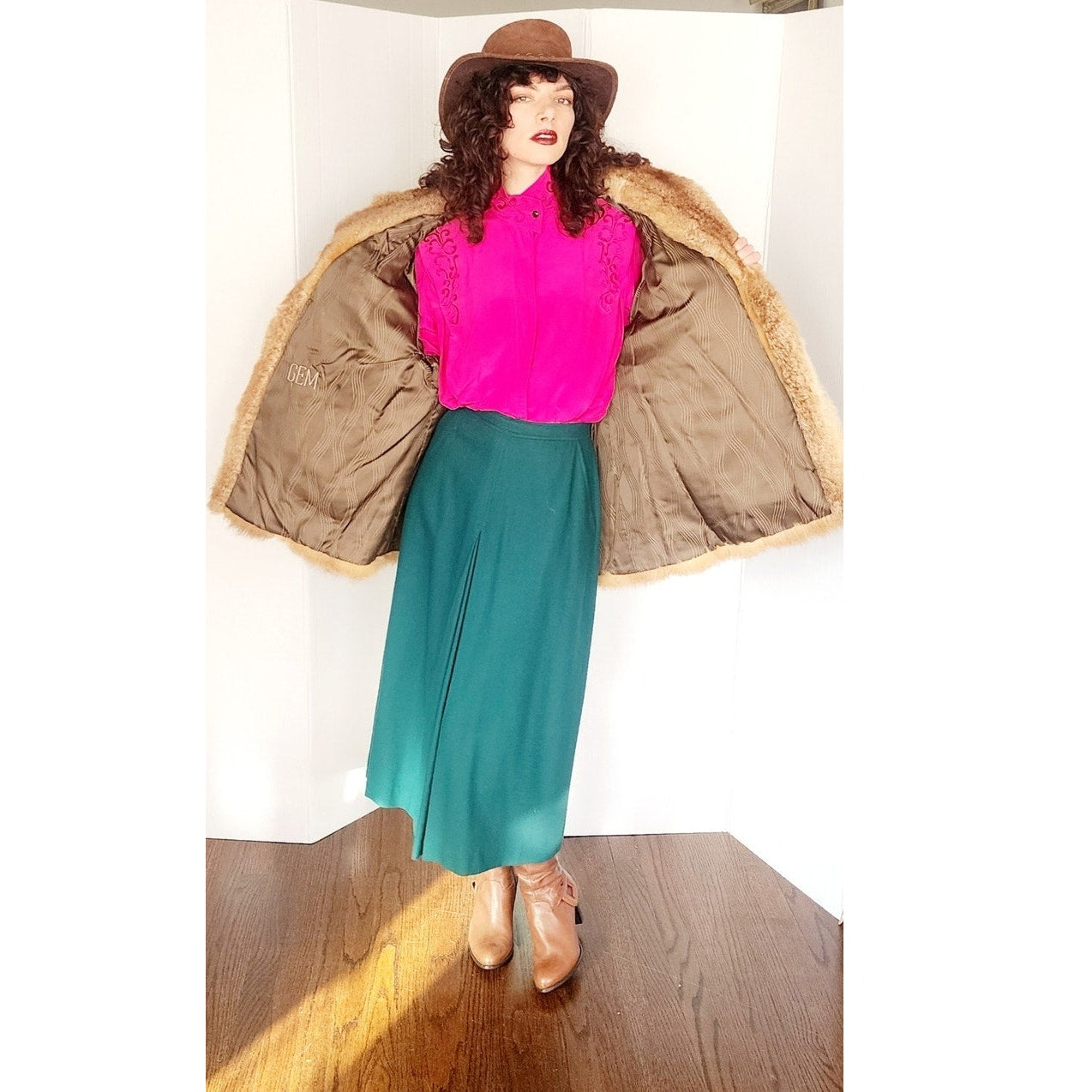 1970s Brown Leather Jacket w/Possum Fur Boho / Large