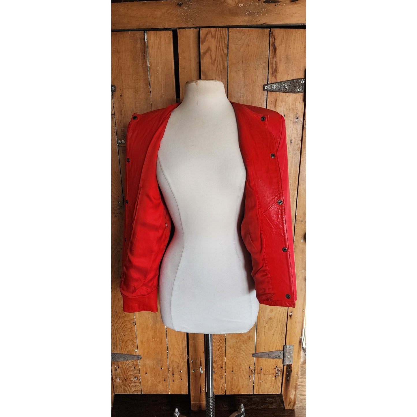 Vintage 80s Red Leather Jacket Snap Front Closure / S