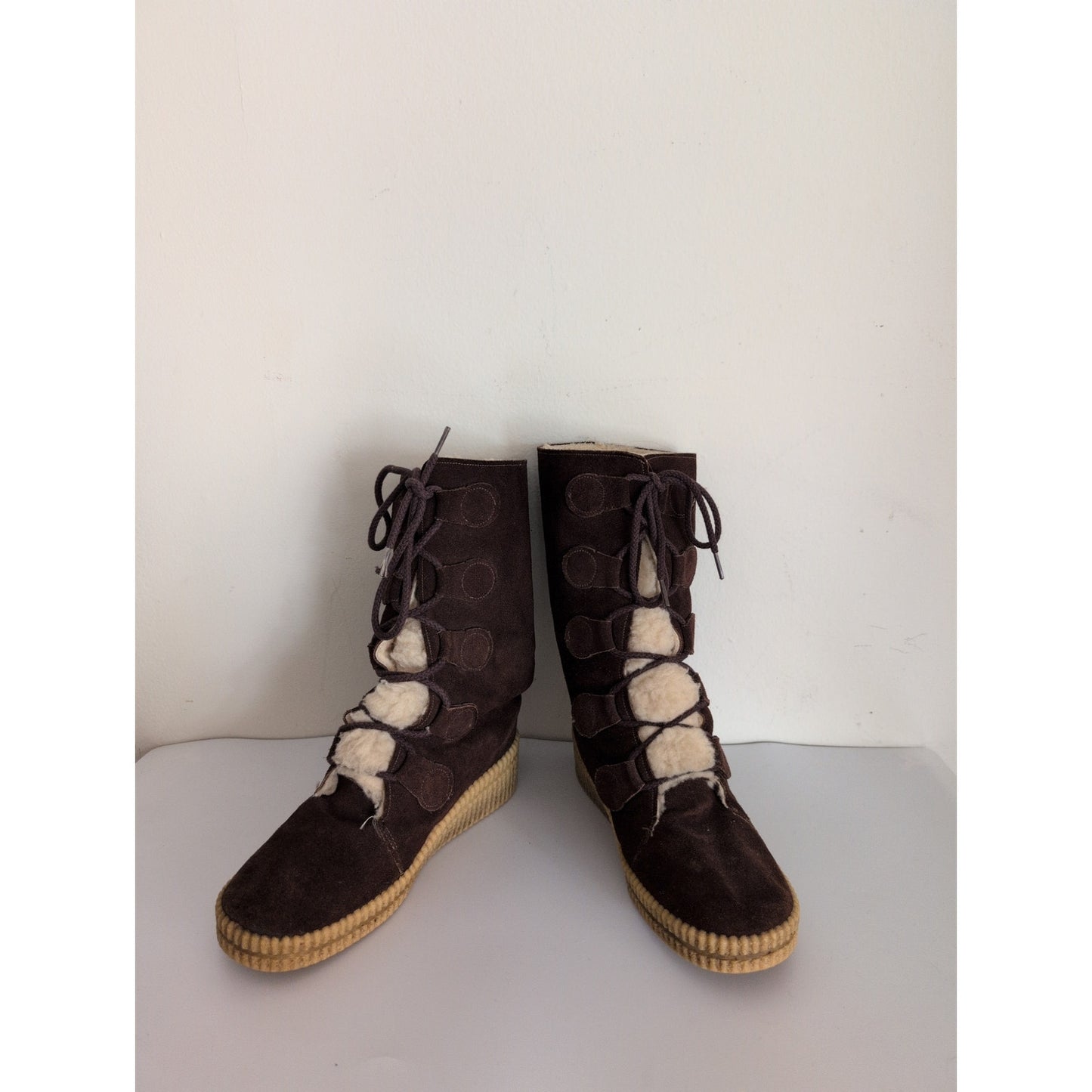 Vintage 70s Winter Boots Ladies Brown Suede + Shearling Size 9