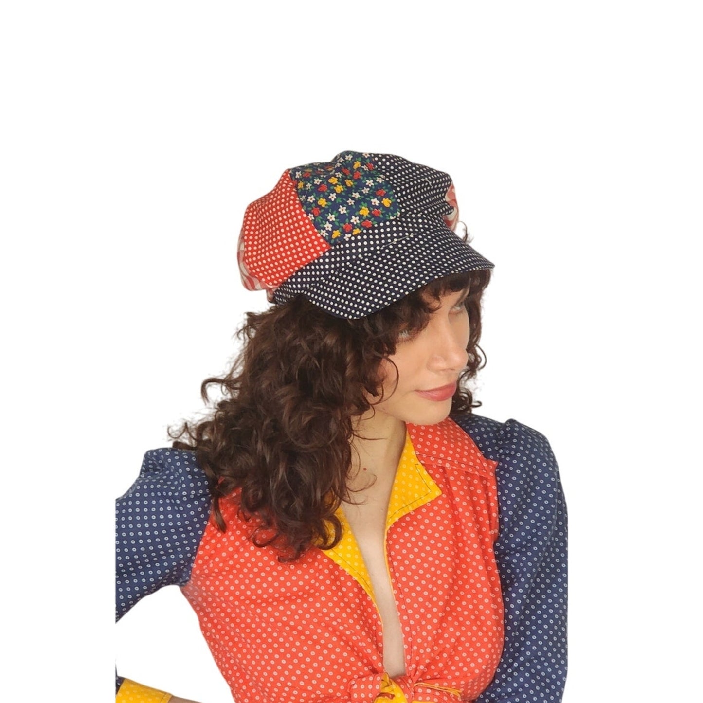 Vintage 70s Patchwork Quilt Hat Newsboy Hat Gingham Print Boho