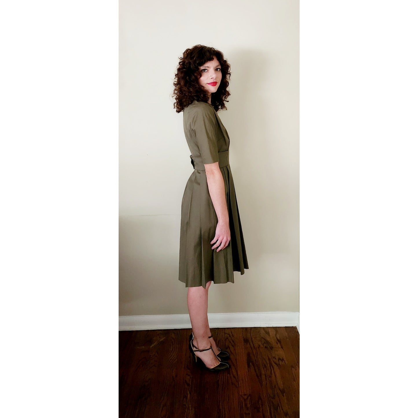 Vintage 50s Jacques Heim Couture Dress Olive Green Wool