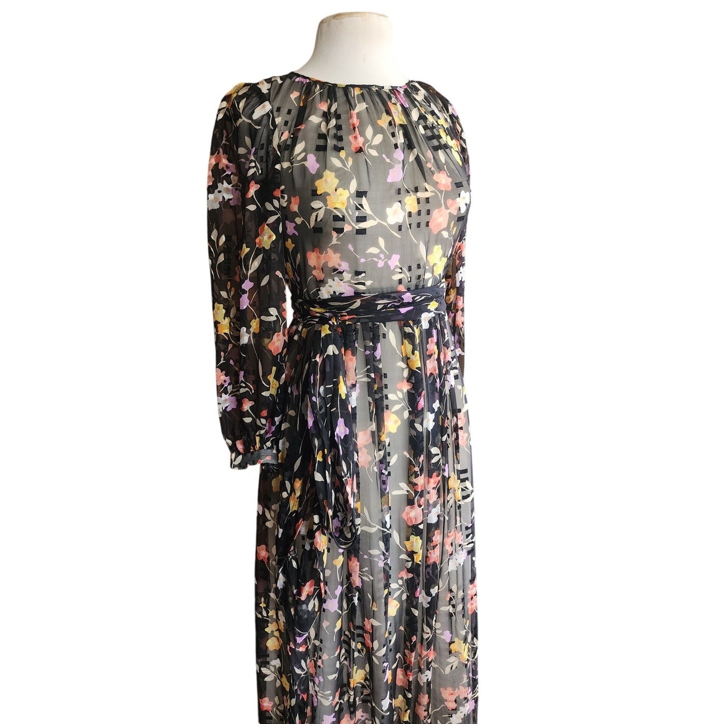 Vintage 70s Silkprint Dress Dark Florals Belted