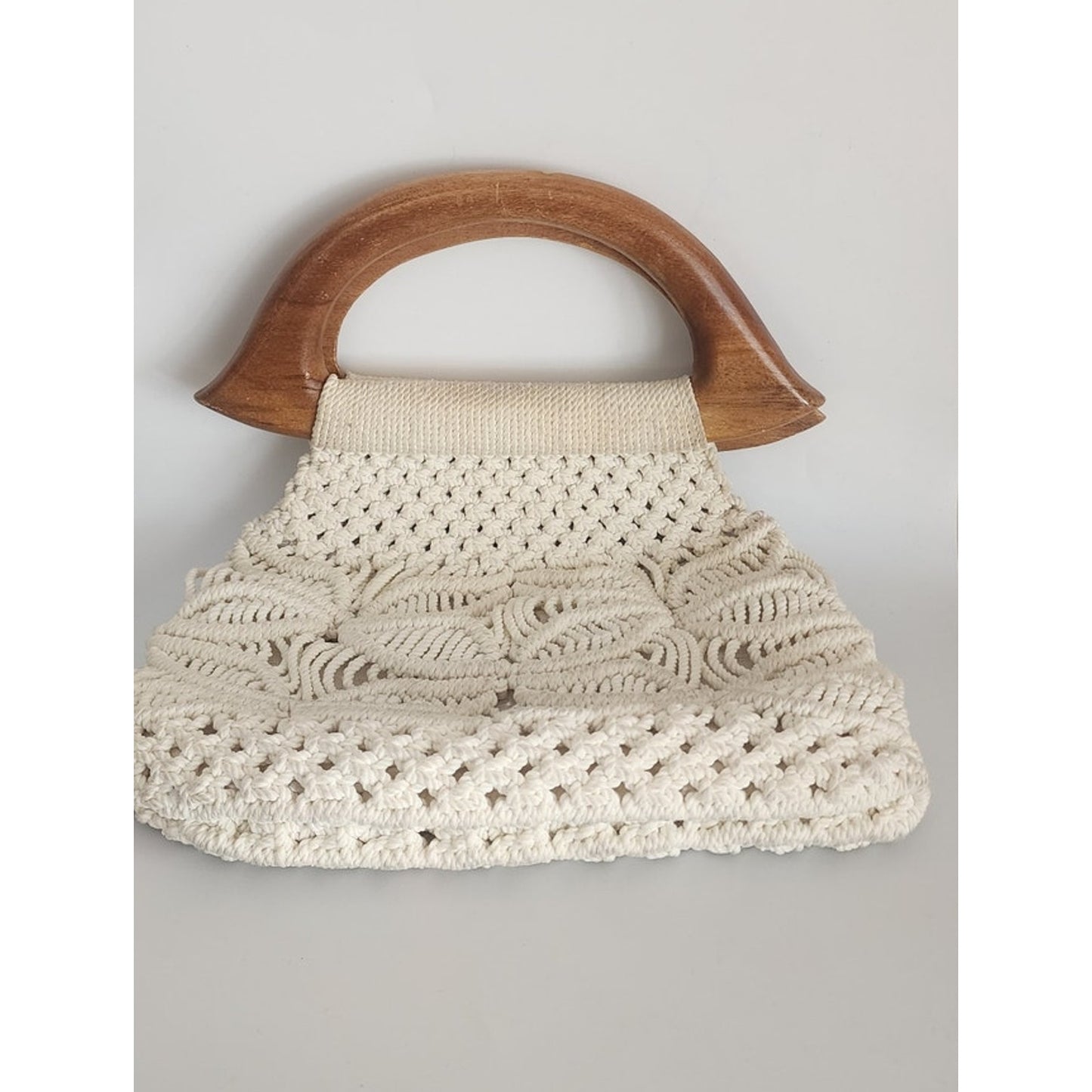 Vintage 70s Macrame Hand Bag Cream White Crochet Purse Wood Handle