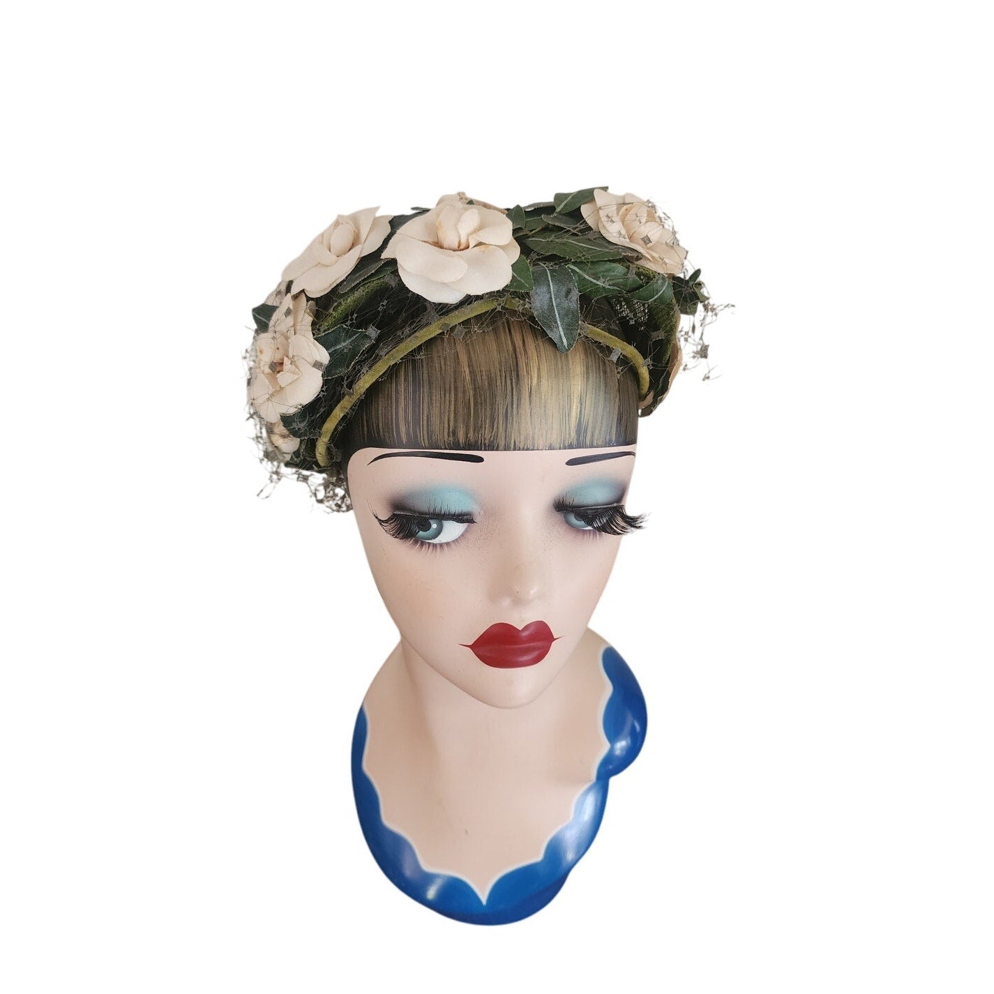 Vintage 50s Flower Hat Green Beige by Paulette Paris