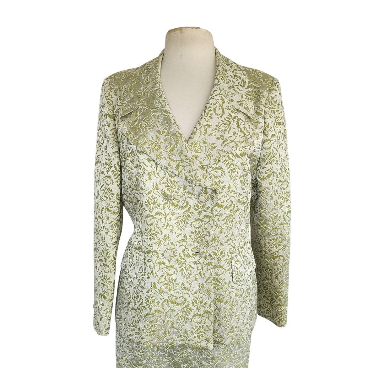 Vintage 80s ESCADA COUTURE Skirt Suit Green Cream Silk Jacquard Leafy Print / L