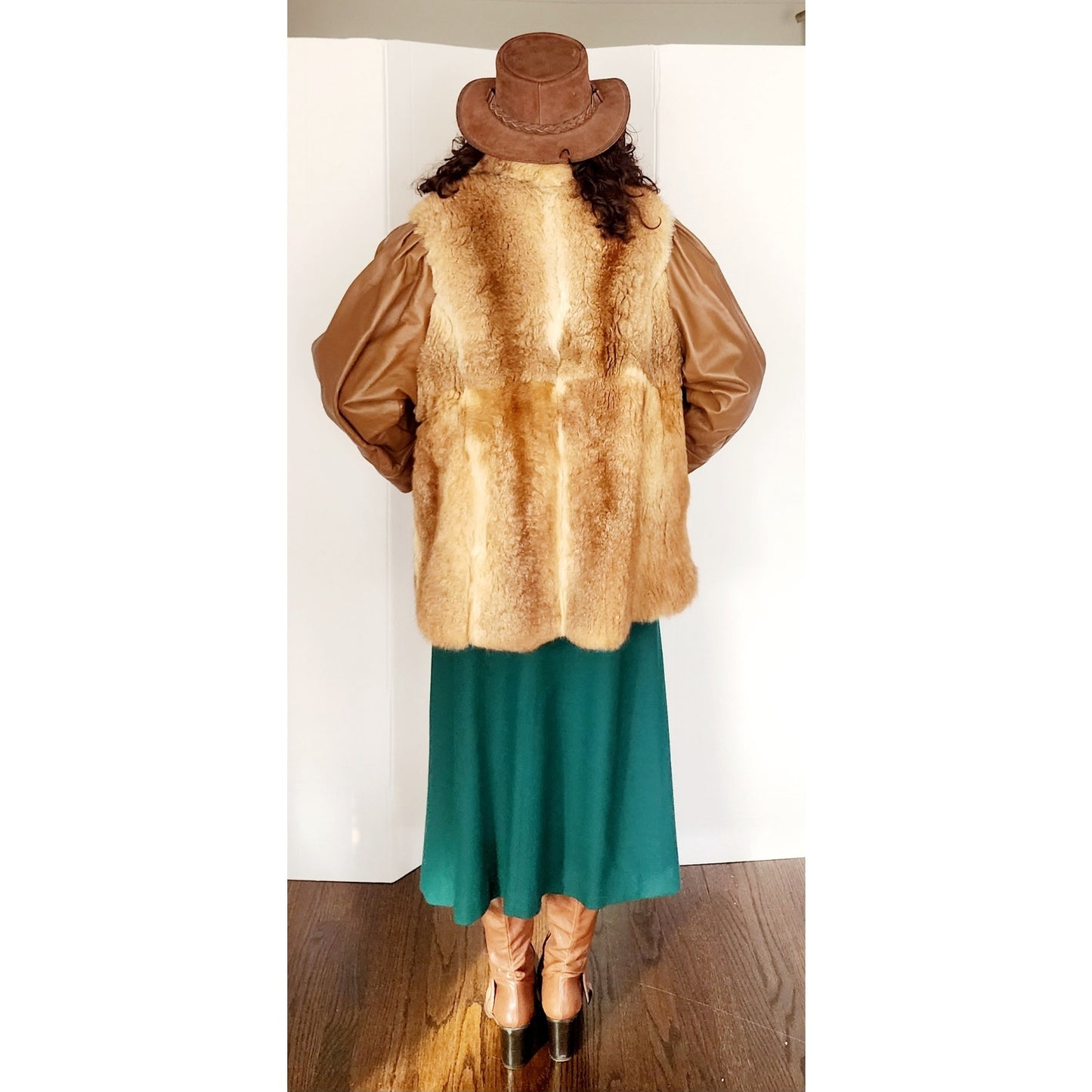 1970s Brown Leather Jacket w/Possum Fur Boho / Large