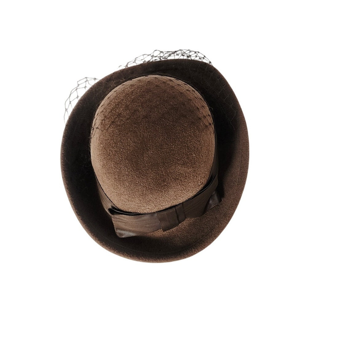 Vintage 1980s Ladies Bowler Hat Brown Wool w/Veil & Bow Betmar