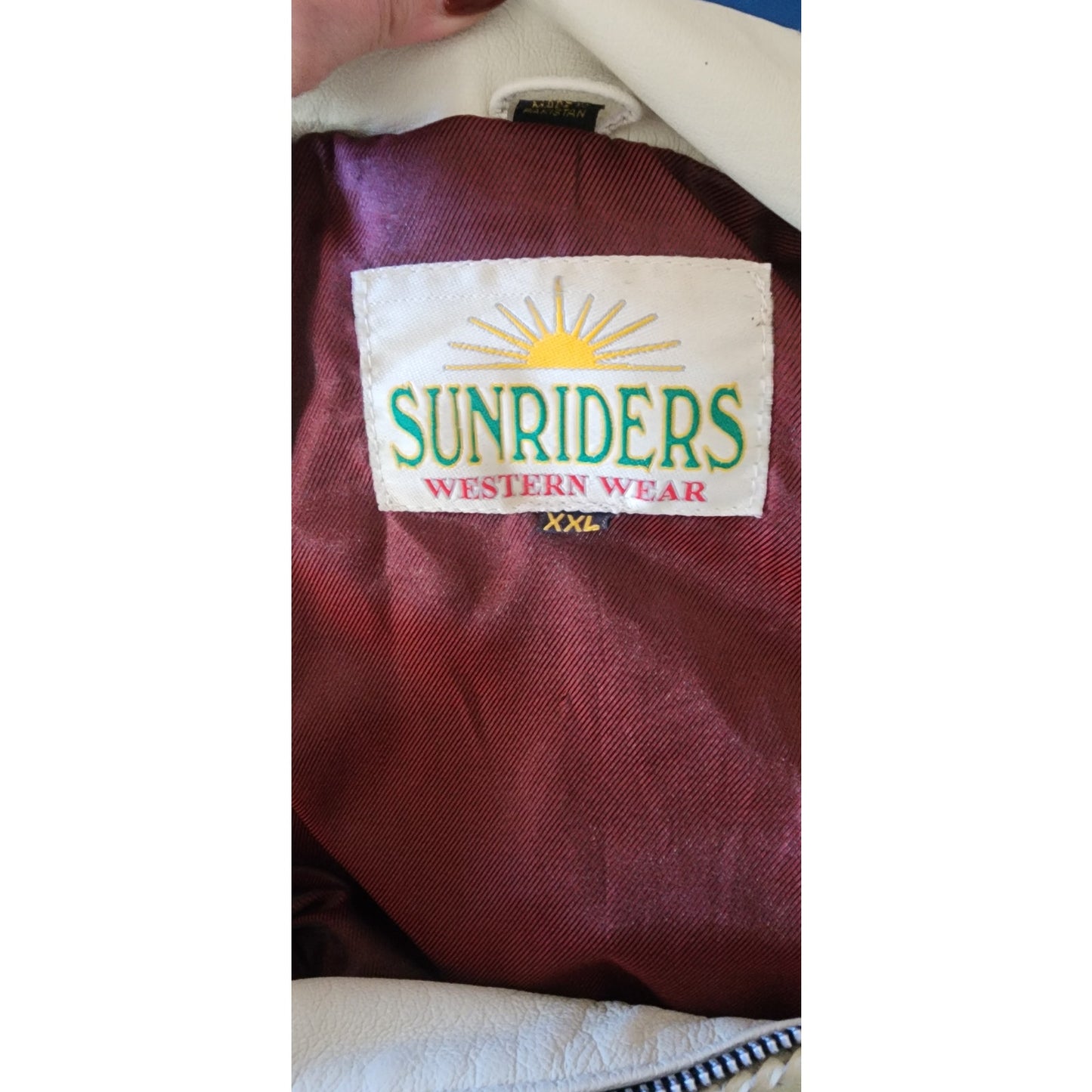 Vintage 1980s White Leather Jacket SUNRIDERS Fringe, Studs & Bone Beads XXL