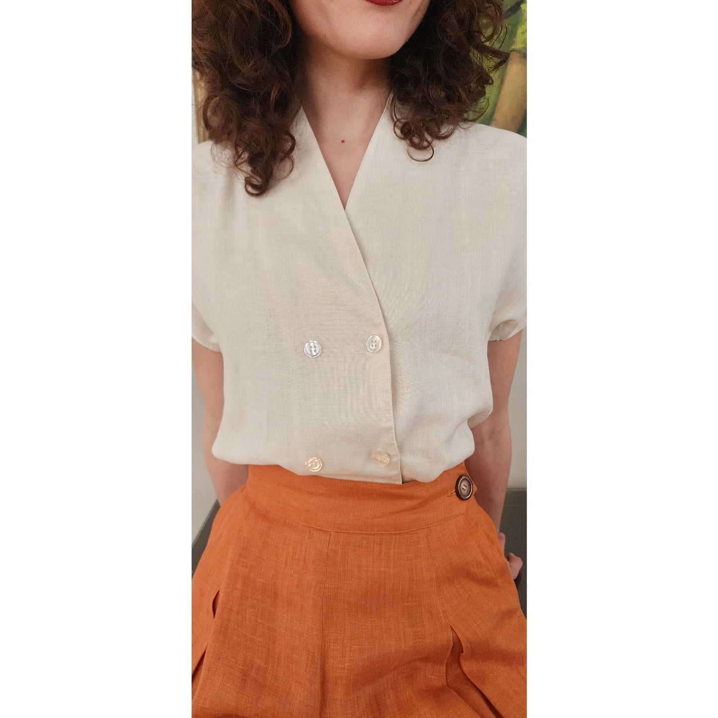 Vintage 90s Linen Blouse Short Sleeved Cream Linen / S