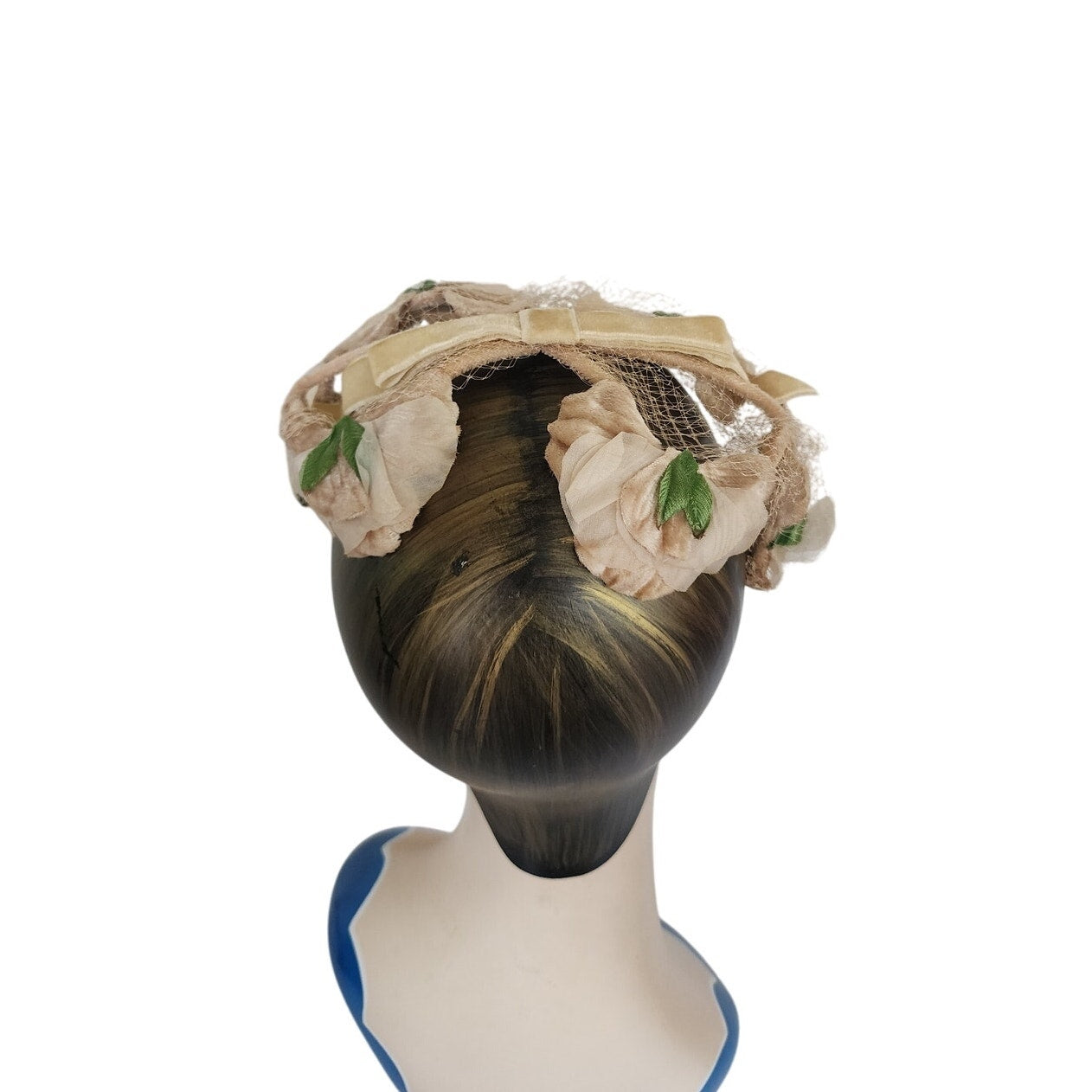 Vintage 50s Fascinator Hat Beige Peach Floral Crown Bridal Headband Wedding