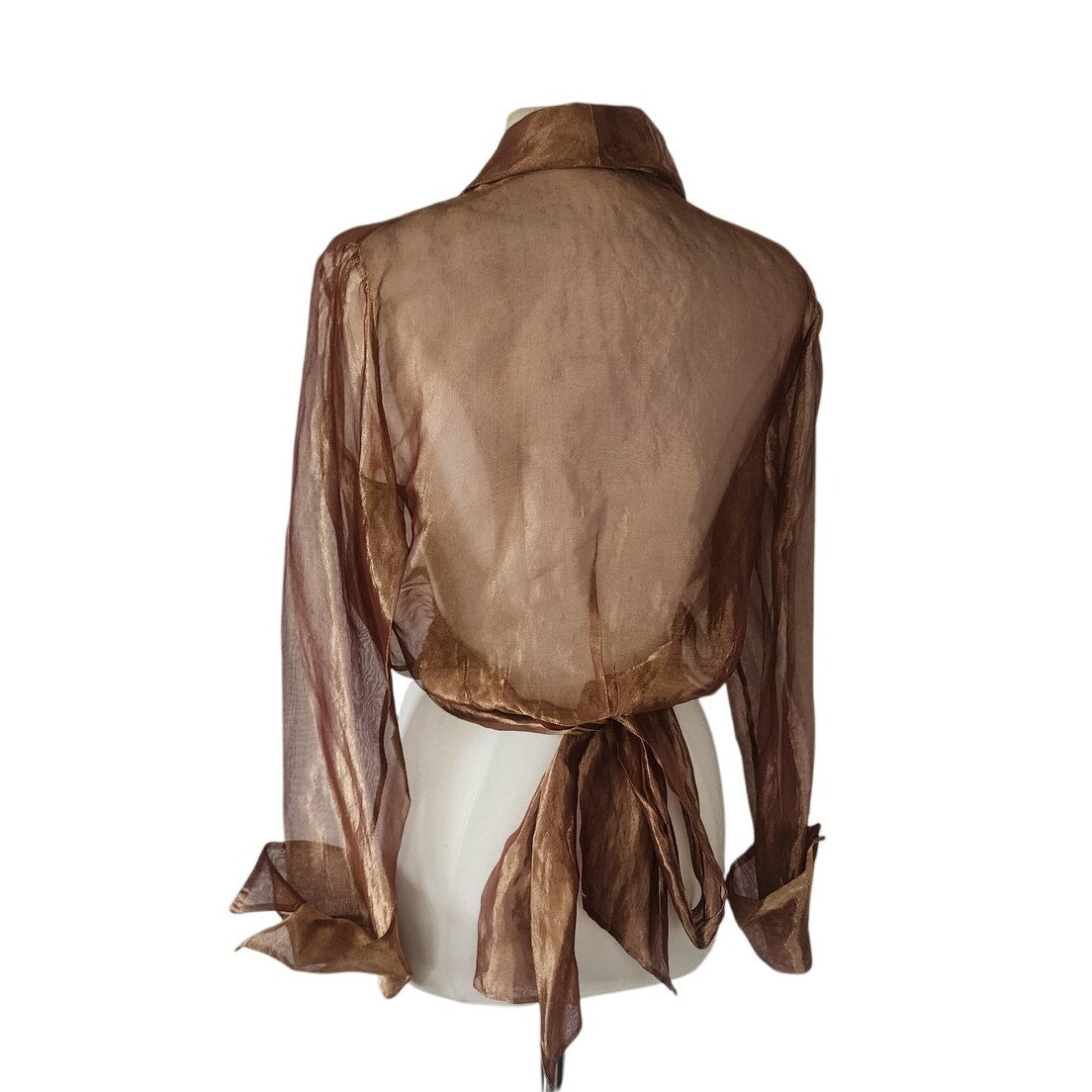 Vintage 90s Sheer Organza Blouse Jacket Copper Brown Sash Tie Belt