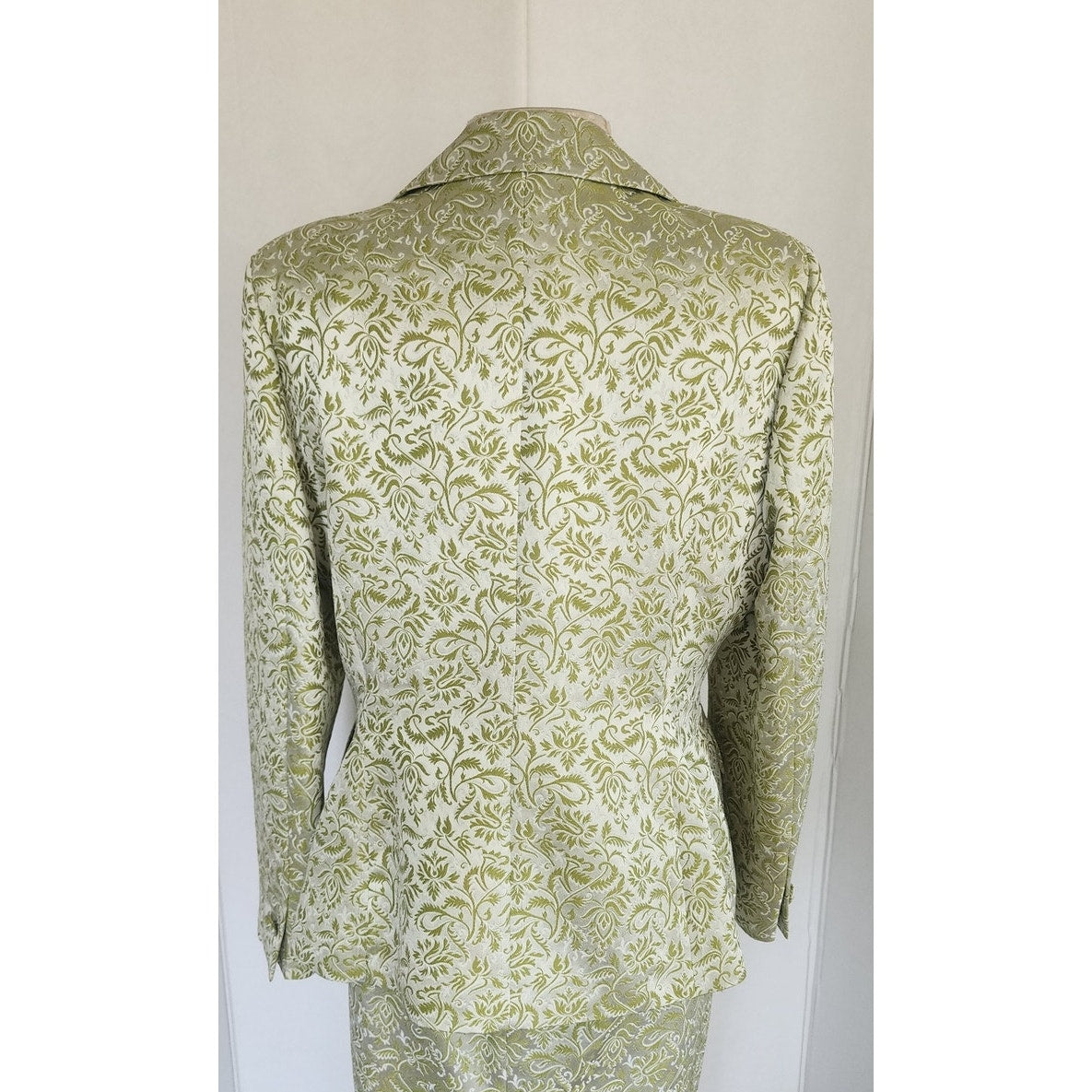 Vintage 80s ESCADA COUTURE Skirt Suit Green Cream Silk Jacquard Leafy Print / L