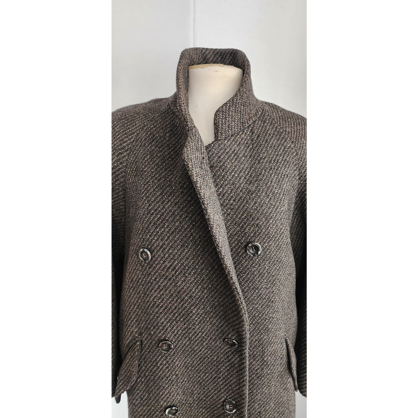 Vintage 80s Coat Gray Wool tweed Double Breasted Harve Benard