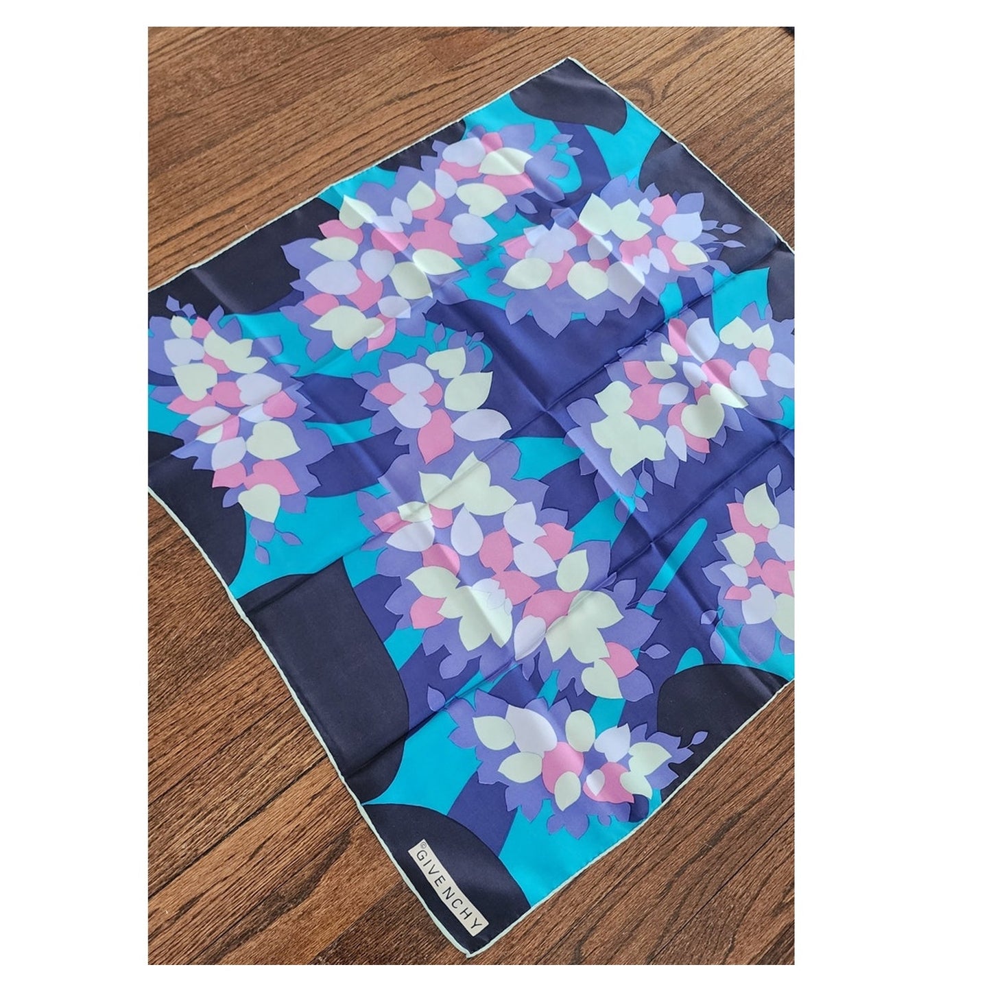 Vintage Givenchy 80s Silk Square Scarf Blue Purple Pink Floral Designer Scarf