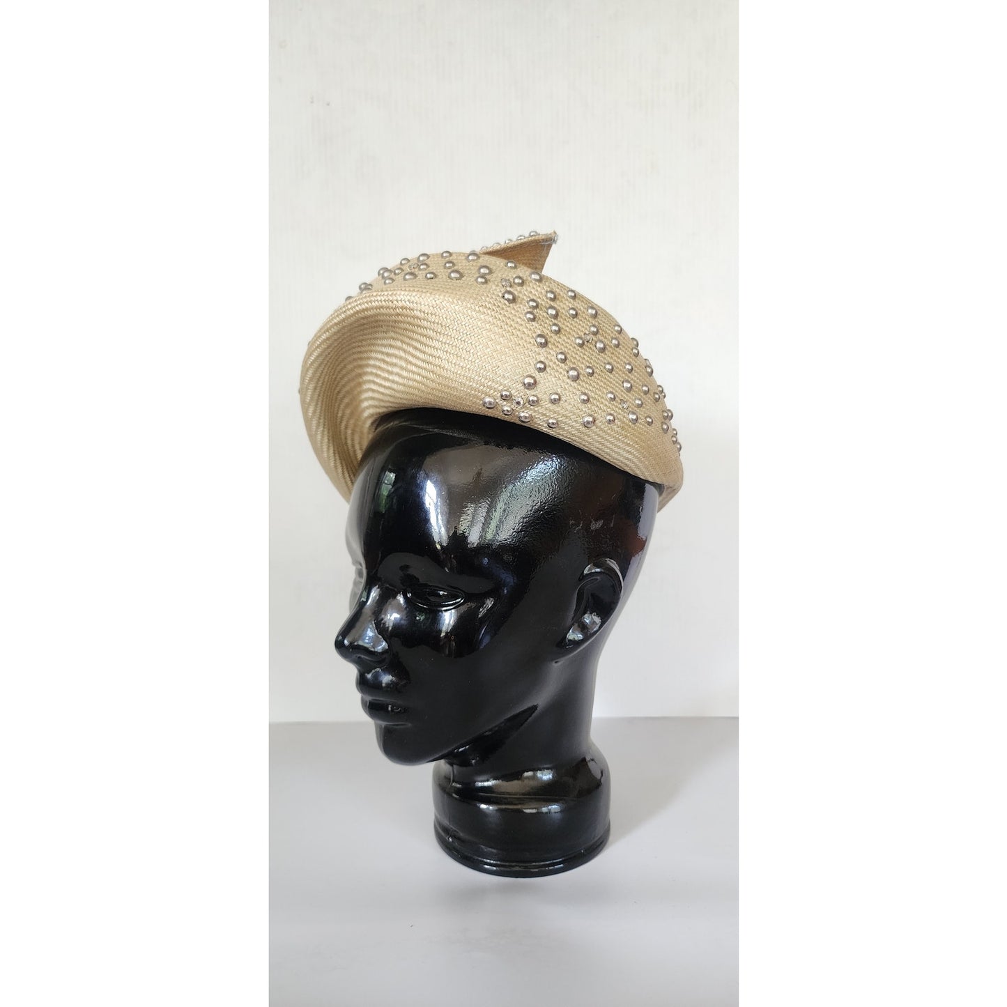 Vintage Jack McConnell Hat Asymmetrical Cream Straw Pearls Studs