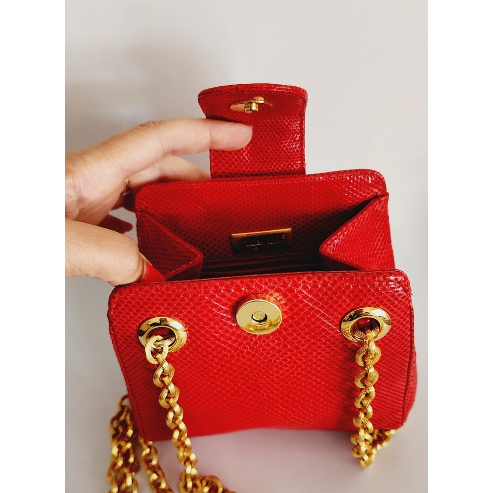 Vintage 90s Judith Leiber Bag Red Lizard Leather Gold Minaudiere