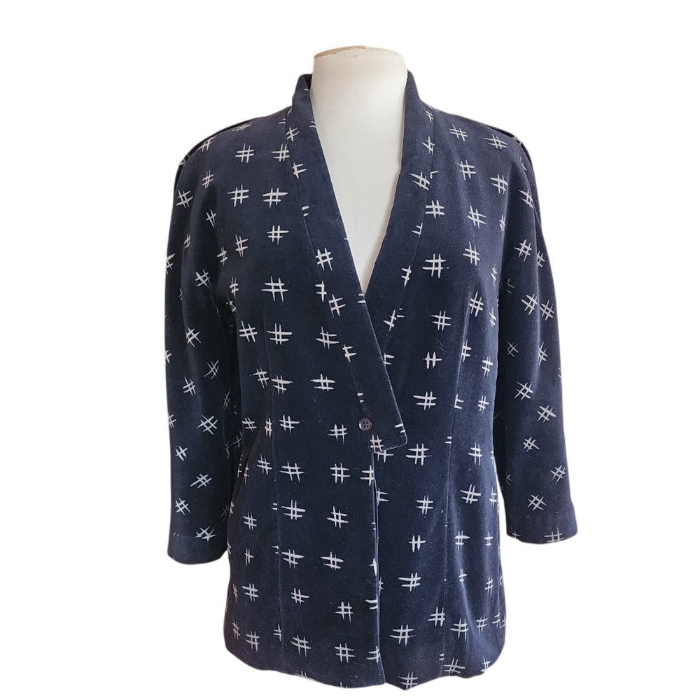 Vintage 80s Armani Blazer Womens Black Velvet Jacket w/ Cream Print / S