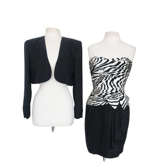Vintage 1980s AJ Bari Strapless Dress + Bolero Jacket Suit Set Zebra Print Black White Silk / M
