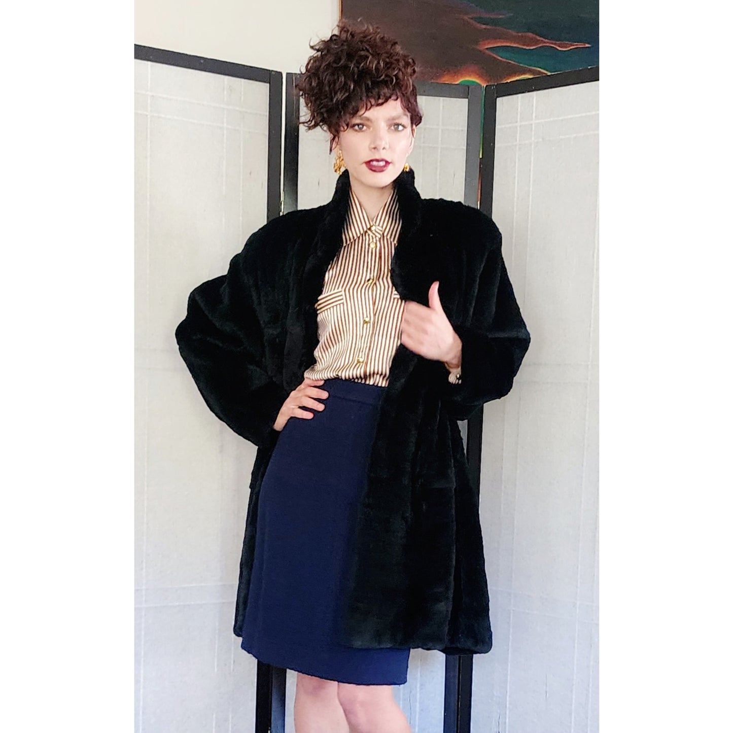 80s Black Rabbit Fur Coat Carole Little for Henri Bendel