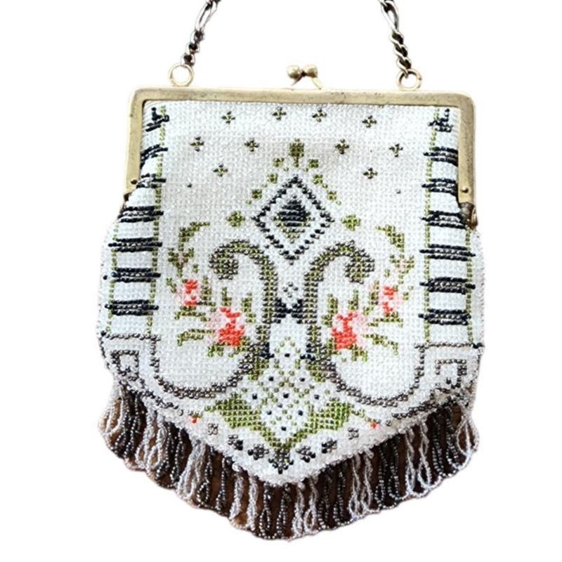 Vintage Beaded Bag Art Deco Style Glass Bead Purse Fringed
