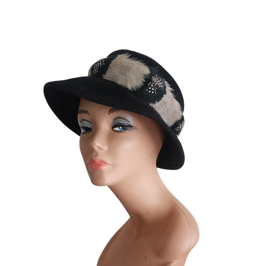 Vintage 60s Ladies Fedora Hat by Gelot Paris Black Felt + Feathers