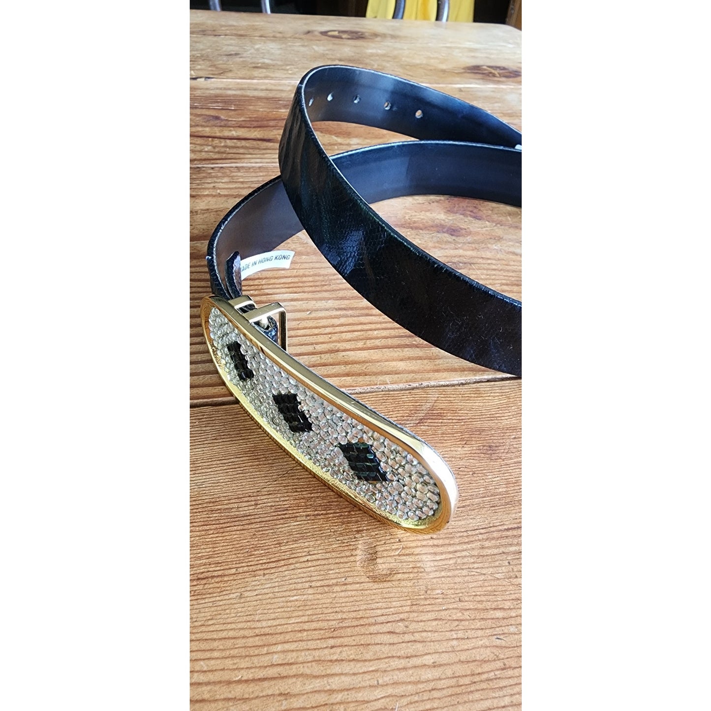Vintage 80s Belt Rhinestone Buckle Black Leather /