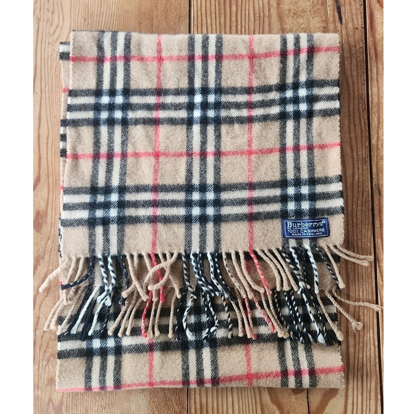Vintage 1980s Burberrys Cashmere Scarf Beige Plaid Nova Check Fringed