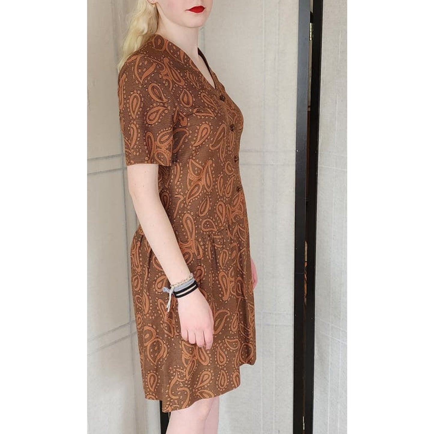 Vintage 60s Cotton Dress Brown Paisley Print Drop Waist