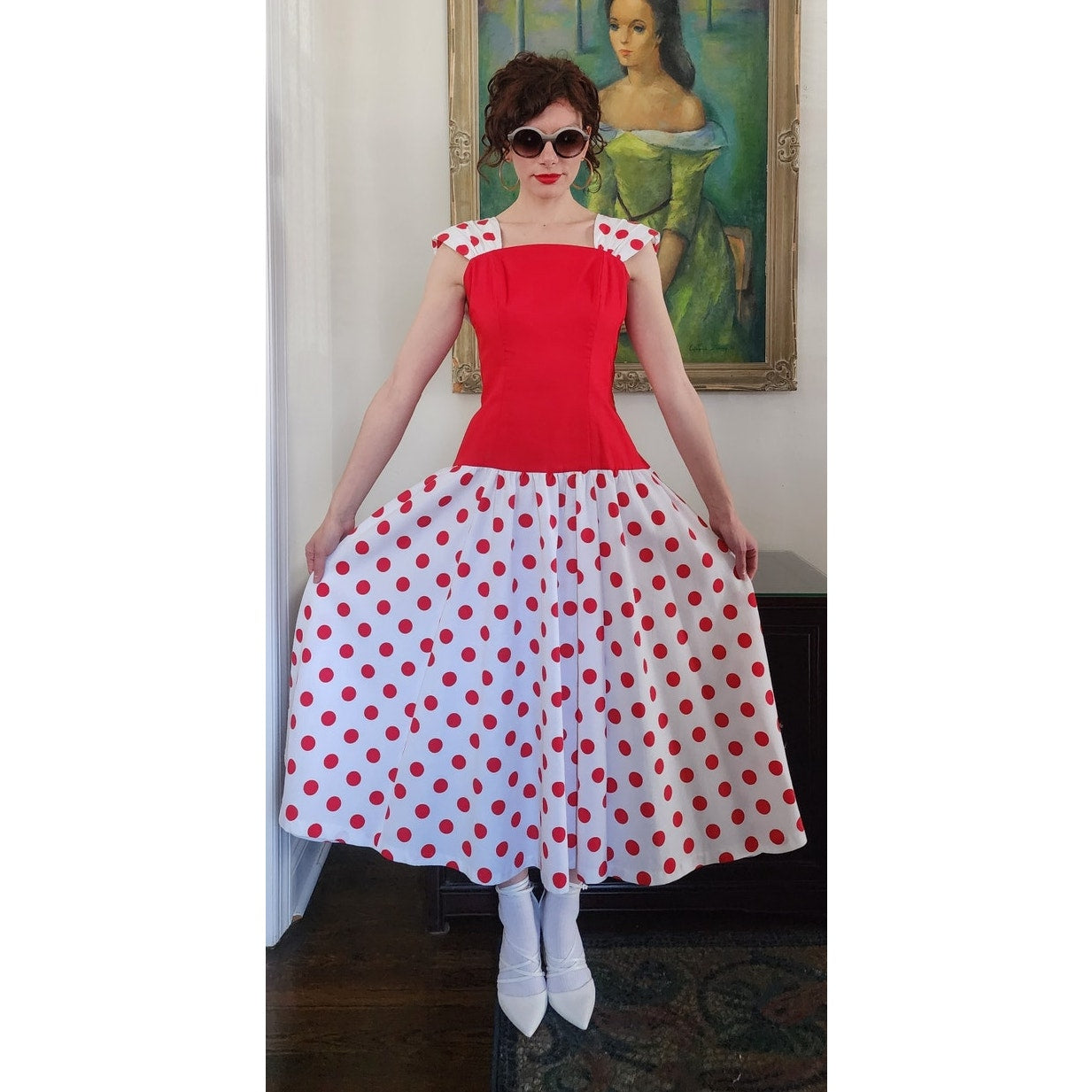Vintage 80s Polka Dot Print Dress Red White Leslie Lucks