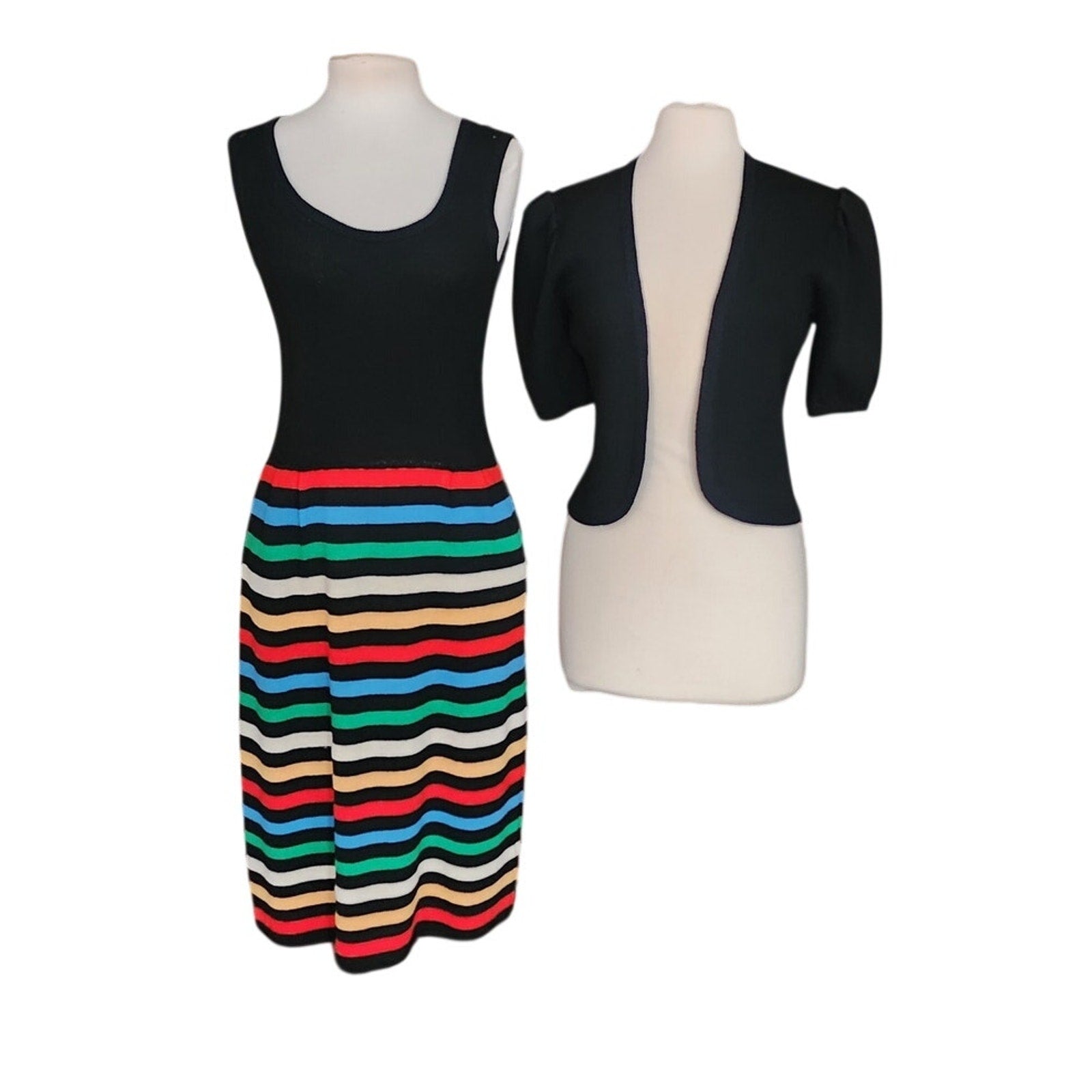 70s knit dress Vintage St John + Bolero Jacket Set Black w/Rainbow Stripe French couture evening dresses 100% cotton yarn Waist-Inseam:31x32