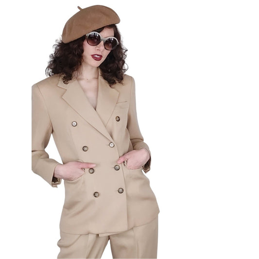 Vintage 1990s Cream Wool Pant Suit Double Breasted Blazer Evan Picone