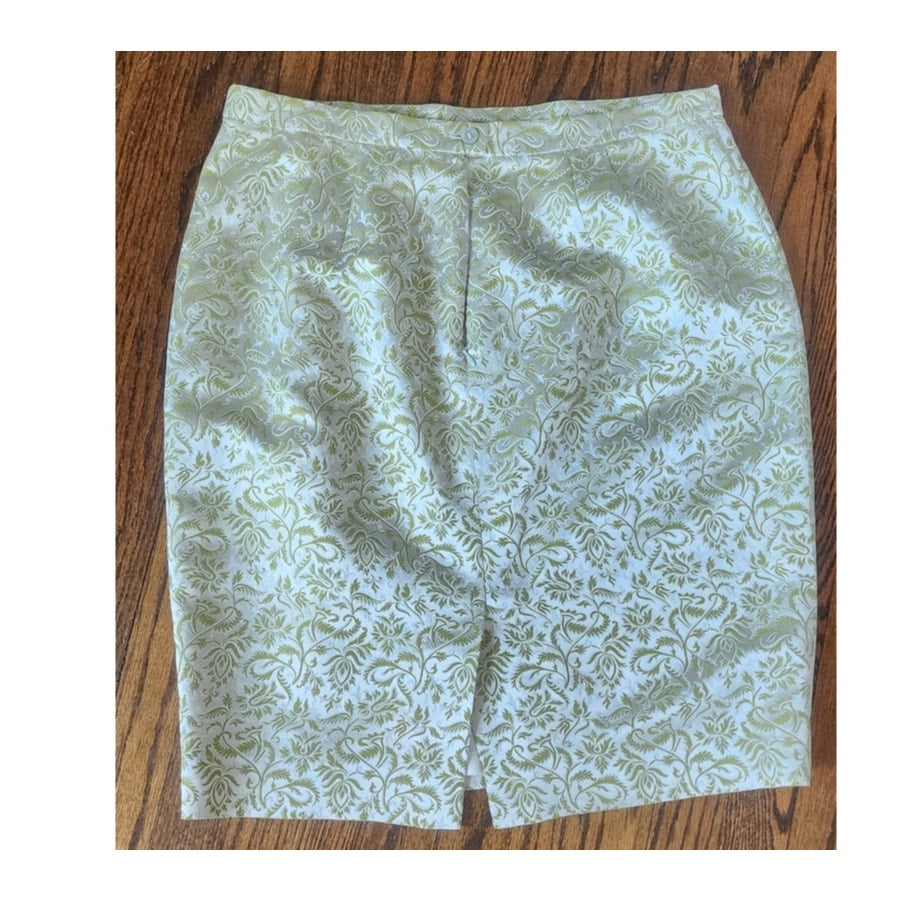 Vintage 80s ESCADA COUTURE Skirt Suit Green Cream Silk Jacquard Leafy Print / L