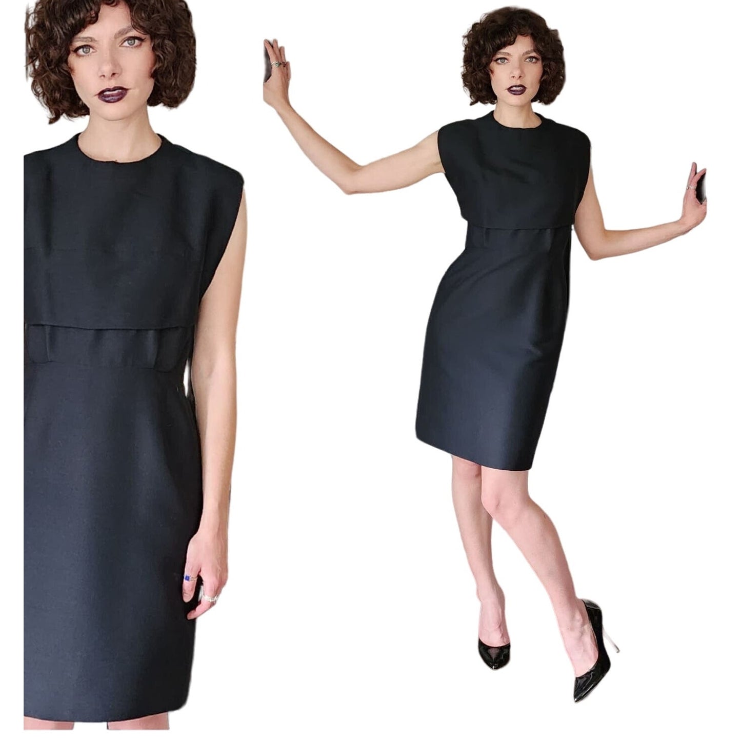 Vintage 60s Black Mod Dress in Tailored Wool, Sleeveless, M