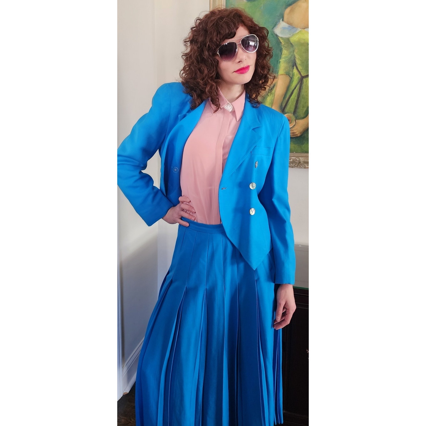 Vintage 80s Christian Dior Skirt Suit Turquoise Blue Wool Pleated Skirt / M
