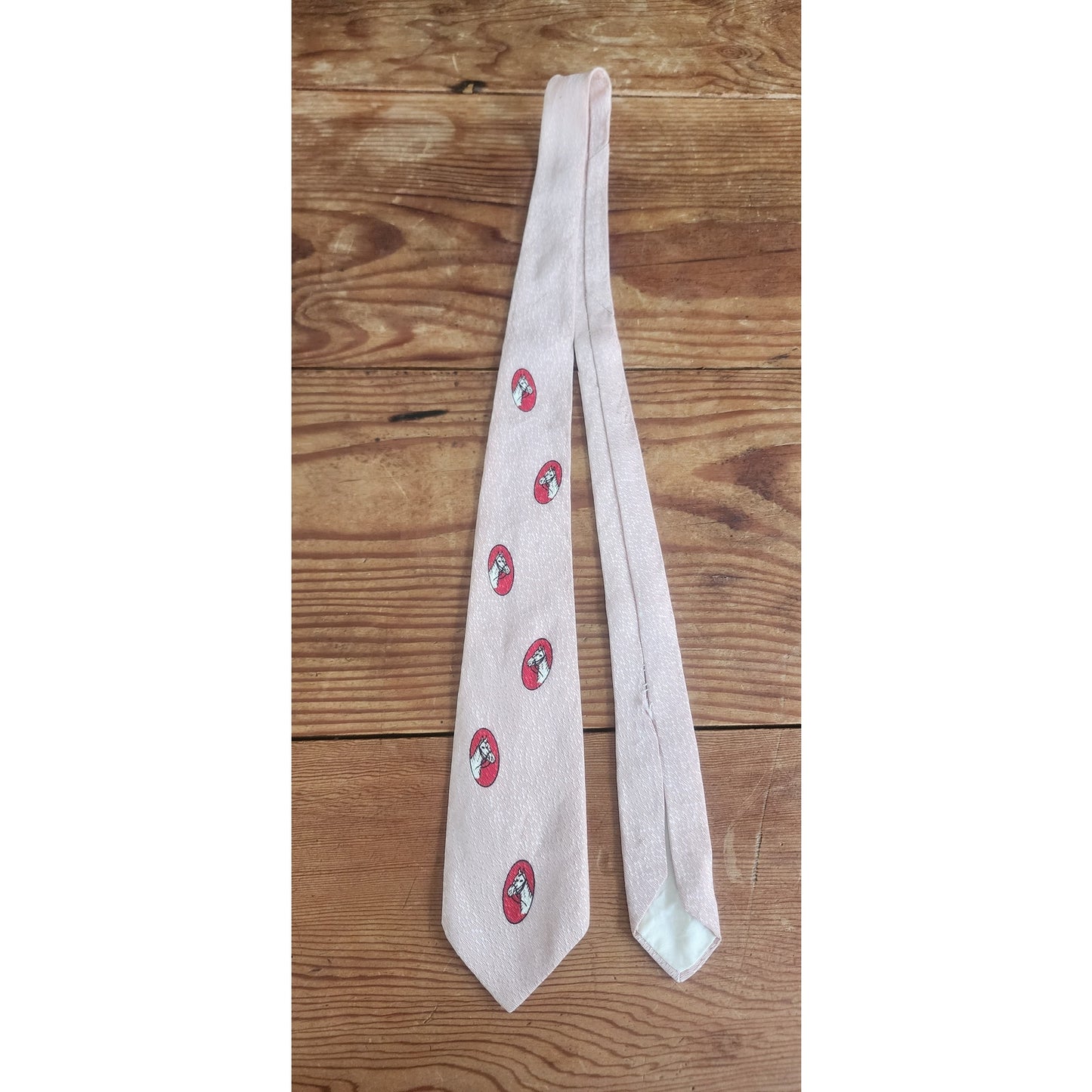 Vintage 30s Mens Necktie Pink Red Horses Equestrian Short Length